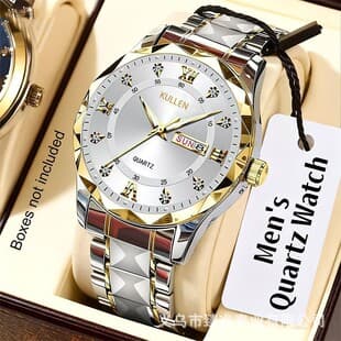 Cross-Border Exclusive Supply of Quartz Watches for Business Men, Diamond-Encrusted Dual Calendar Gold-Tone Steel Band Wristwatch, Hot-Selling Men's Watch for Foreign Trade
