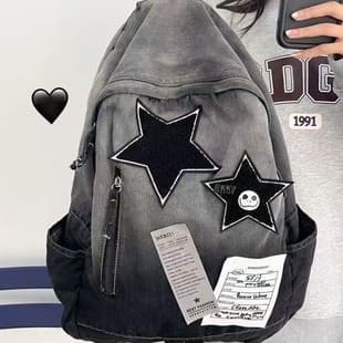 2025 Hot Selling Gradient Washed Canvas School Bag College Student Star Design Retro Denim Backpack Women