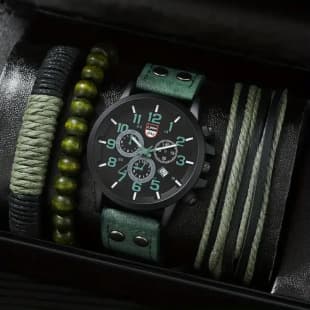 Casual Men's Quartz Watch with Fake Three Eyes, Fashion Calendar Wristwatch, Double Stud Pu Men's Bracelet Set, Digital Dial Watch