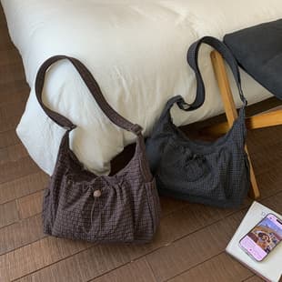 Bags 2025 New Korean Style Plaid Drawstring Pleated Cloud Bag Large Capacity Backpack Shoulder Bag Crossbody Bag Women's Bag