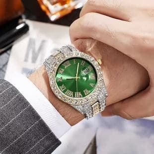 Cross-Border Hot-Selling Men's Watches Wholesale Steel Band Calendar Roman Diamond-Encrusted Quartz Watches European and American Hot-Selling Hip-Hop Watches