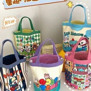 Cute Graffiti Bucket Bag Ins Printed Cylinder Bag Canvas Lunch Bag Han Feng Girl Hand Lunch Box Mummy Bag