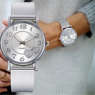 Watches Aliexpress Women's Fashion Mesh Strap Heart-Shaped Ladies Simple Watch Wholesale Cross-Border Hot Sale Large Dial Quartz