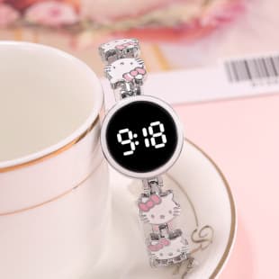 Spot New Led Touch Screen Digital Watch High-Looking Student Model Fashionable and Cute Kt Cat Steel Band Bracelet Watch