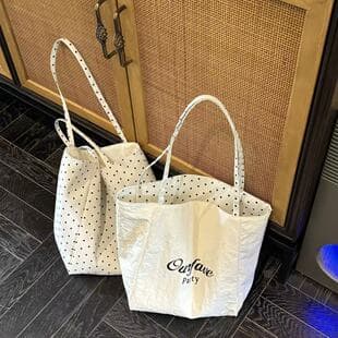 Canvas Bag 2026m White Polka Dot New Korean Style Single Shoulder Double-Sided Versatile Commuting Outing Tote Large Capacity