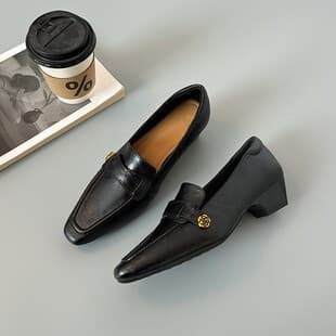 French-style square-toed stiletto high-heeled shoes, new commuter mid-heel leather shoes, simple genuine leather slip-on shoes for women