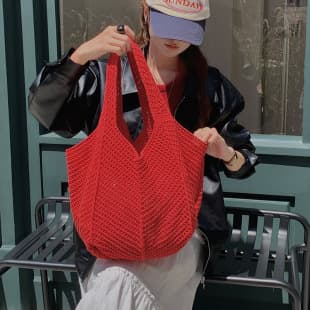South Korea Vintage Ins Shoulder Woven Bag New Vacation Casual Beach Bag Crochet Woven Bag Portable Tote Bag