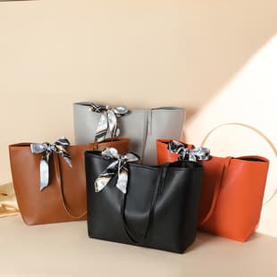 Foreign Trade Simple Large-Capacity Tote Bag 2026 New Model with Lychee Pattern Silk Scarf Decoration Shoulder Bag Portable Bowknot